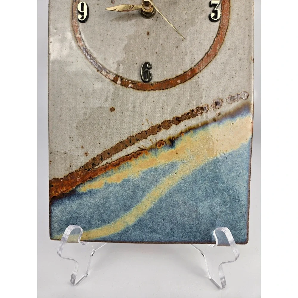 Signed Lauer Studio Pottery Wall Clock‎ Ceramic Slab Art Clock TESTED